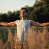A man in a sleeveless shirt stands with open arms in a grassy field, embracing freedom and nature.